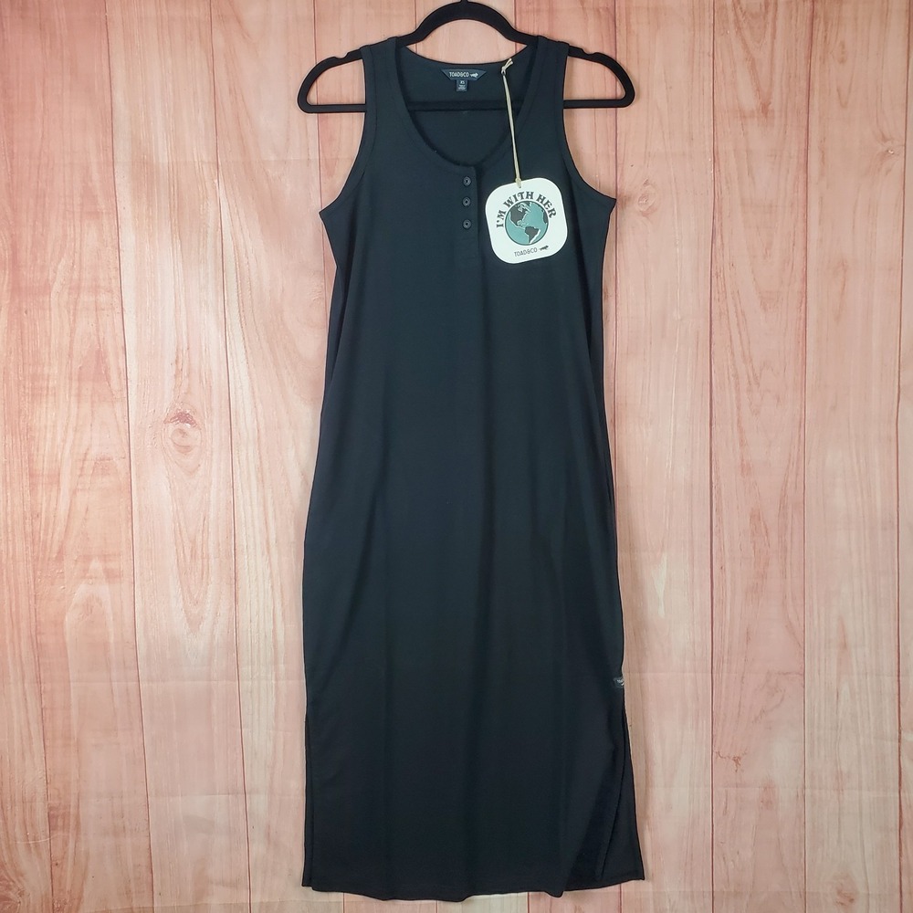 Toad & Co Piru Midi Tank Dress Womens XS Black Hemp Logo Side Vent Henley Neck
